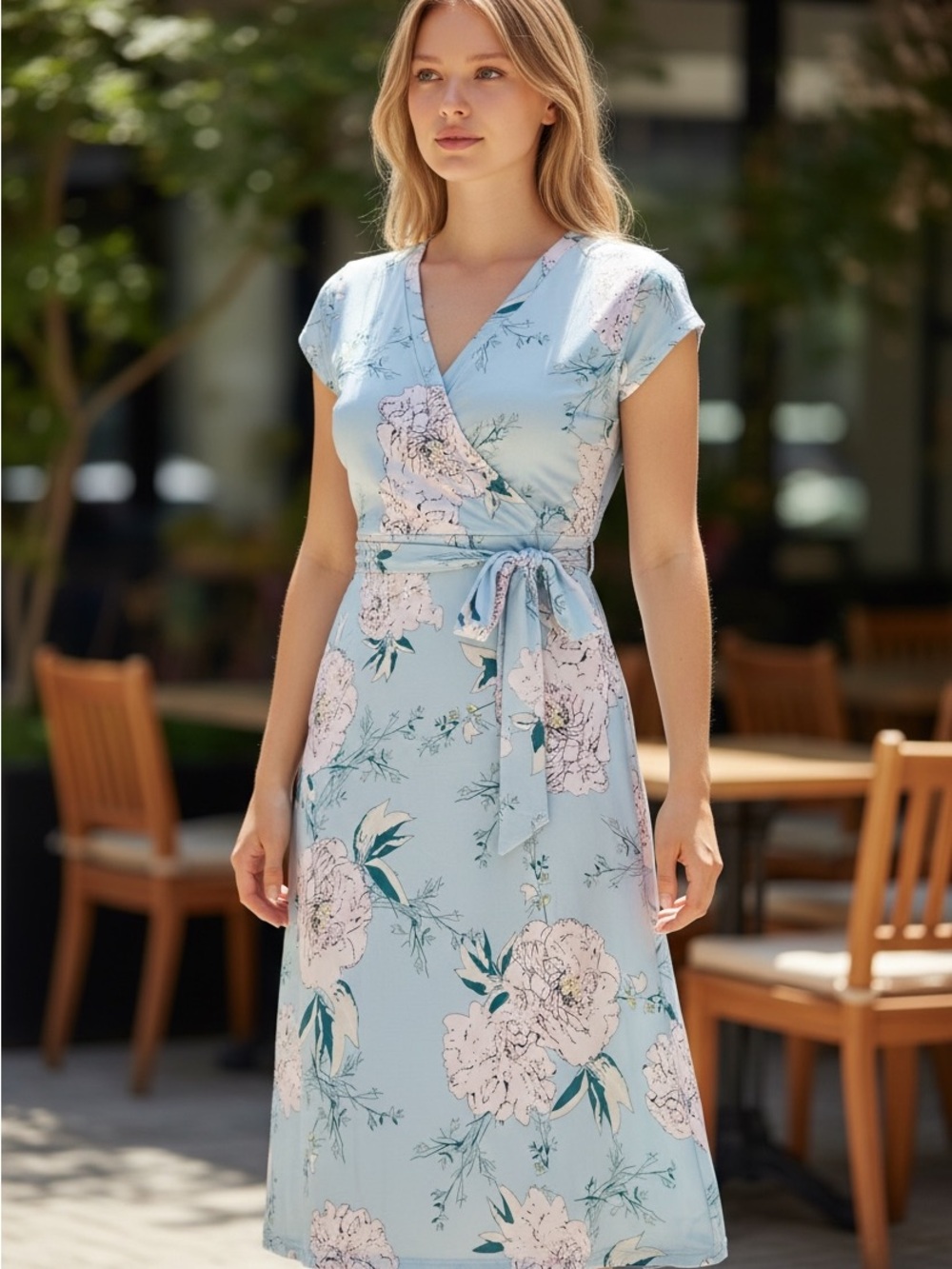 Light Blue Floral Wrap Dress